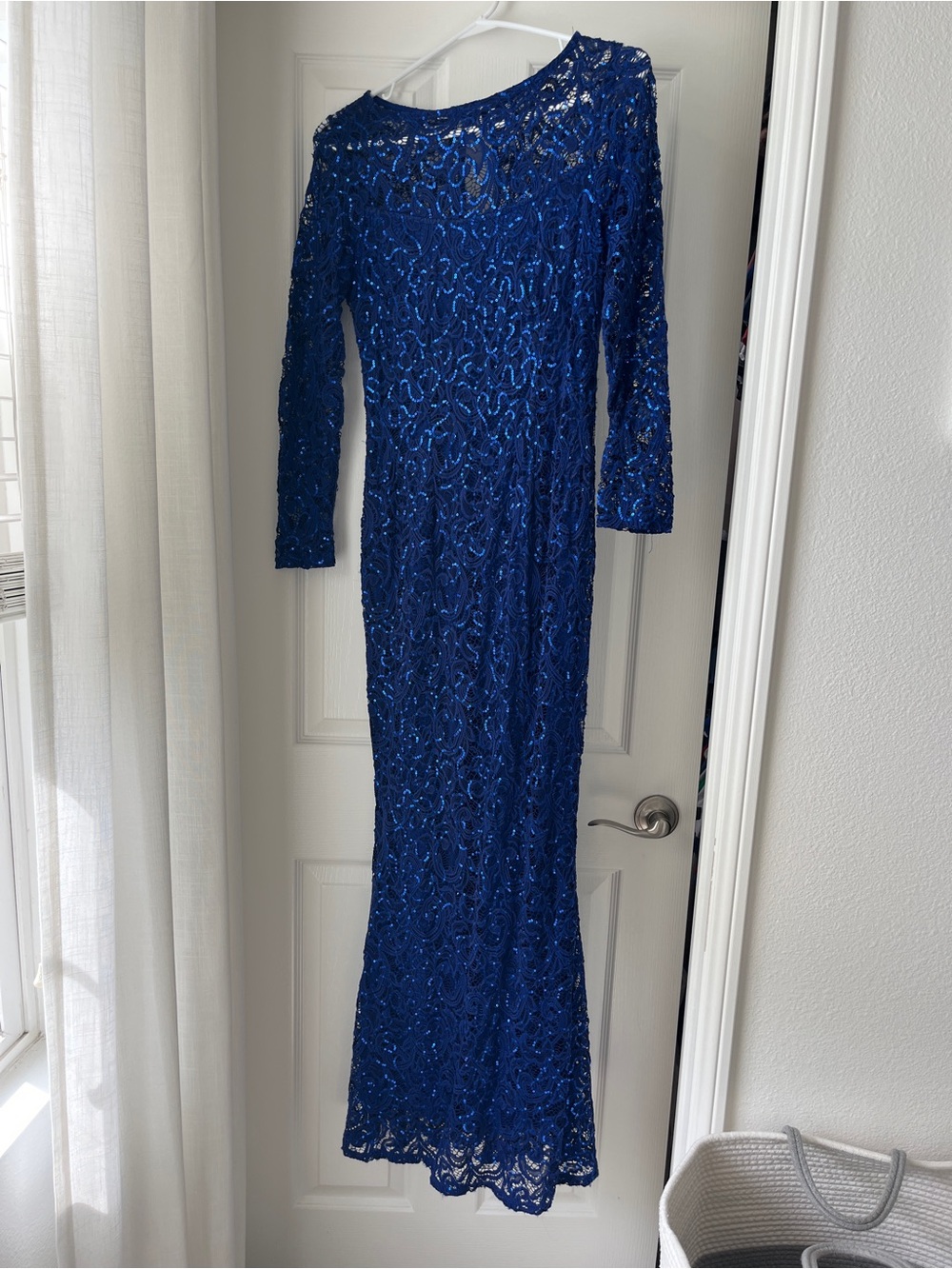 Elegant Royal Blue Beaded Lace Evening Gown